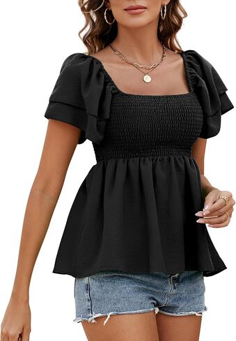 Women's Summer Peplum Tops Square Neck Ruffle Trim Short Sleeve Blouse Smocked Top Dressy Casual Shirts in Saudi Arabia