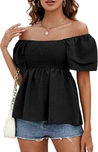 Women's Summer Peplum Tops Square Neck Ruffle Trim Short Sleeve Blouse Smocked Top Dressy Casual Shirts in Saudi Arabia