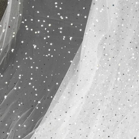 Homiest Glitter Tulle Fabric Rolls with Star Moon Sequin, 1 Yard x 54 Inch Wide Tulle Bolt White Tulle Rolls Bulk, Tulle Netting Fabric for Tutu Skirt Bridal Veil Wedding Arch Party Decorations in Saudi Arabia
