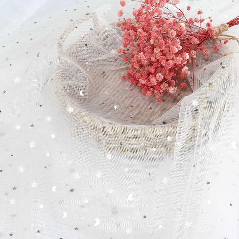 Homiest Glitter Tulle Fabric Rolls with Star Moon Sequin, 1 Yard x 54 Inch Wide Tulle Bolt White Tulle Rolls Bulk, Tulle Netting Fabric for Tutu Skirt Bridal Veil Wedding Arch Party Decorations in Saudi Arabia