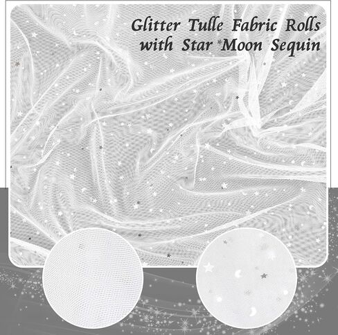 Homiest Glitter Tulle Fabric Rolls with Star Moon Sequin, 1 Yard x 54 Inch Wide Tulle Bolt White Tulle Rolls Bulk, Tulle Netting Fabric for Tutu Skirt Bridal Veil Wedding Arch Party Decorations in Saudi Arabia