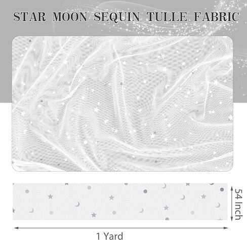 Homiest Glitter Tulle Fabric Rolls with Star Moon Sequin, 1 Yard x 54 Inch Wide Tulle Bolt White Tulle Rolls Bulk, Tulle Netting Fabric for Tutu Skirt Bridal Veil Wedding Arch Party Decorations in Saudi Arabia