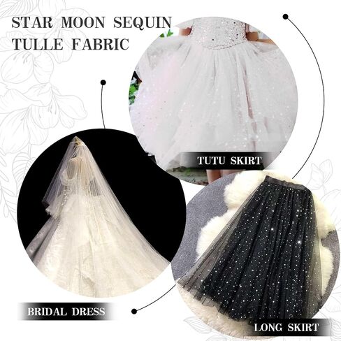 Homiest Glitter Tulle Fabric Rolls with Star Moon Sequin, 1 Yard x 54 Inch Wide Tulle Bolt White Tulle Rolls Bulk, Tulle Netting Fabric for Tutu Skirt Bridal Veil Wedding Arch Party Decorations in Saudi Arabia