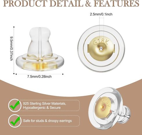 Earring Backs, 18K Gold Silicone Earring Backs Replacements, 10PCS Silicone Locking Earring Backings for Studs, Hypoallergenice Earring Backs for Adults (Silver) in Saudi Arabia