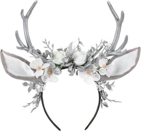 MOSTORY Black Flower Antlers Headband - Dark Floral Deer Horns Headband with Deer Ears Gothic Reindeer Headpiece for Renaissance Renfaire Outfit Halloween Deer Coslpay in Kuwait