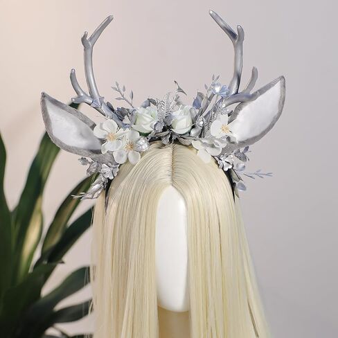 MOSTORY Black Flower Antlers Headband - Dark Floral Deer Horns Headband with Deer Ears Gothic Reindeer Headpiece for Renaissance Renfaire Outfit Halloween Deer Coslpay in Kuwait