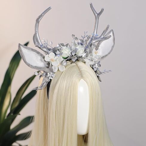 MOSTORY Black Flower Antlers Headband - Dark Floral Deer Horns Headband with Deer Ears Gothic Reindeer Headpiece for Renaissance Renfaire Outfit Halloween Deer Coslpay in Kuwait