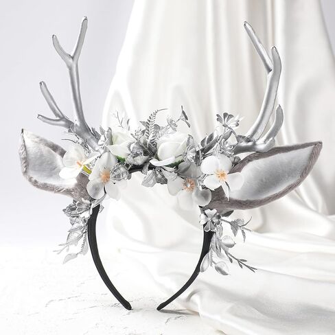 MOSTORY Black Flower Antlers Headband - Dark Floral Deer Horns Headband with Deer Ears Gothic Reindeer Headpiece for Renaissance Renfaire Outfit Halloween Deer Coslpay in Kuwait