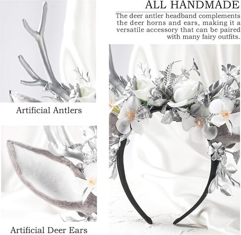 MOSTORY Black Flower Antlers Headband - Dark Floral Deer Horns Headband with Deer Ears Gothic Reindeer Headpiece for Renaissance Renfaire Outfit Halloween Deer Coslpay in Kuwait