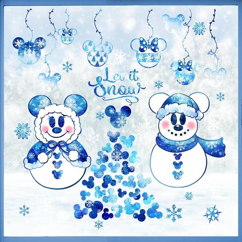 Mfault Winter Cartoon Mouse Snowman Blue Window Clings 4 Sheets, Let It Snow Christmas Tree Stickers Decals Decorations, Seasonal Snowflake Castle Home Kitchen Decor in Saudi Arabia