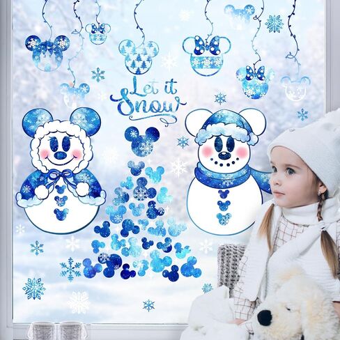 Mfault Winter Cartoon Mouse Snowman Blue Window Clings 4 Sheets, Let It Snow Christmas Tree Stickers Decals Decorations, Seasonal Snowflake Castle Home Kitchen Decor in Saudi Arabia