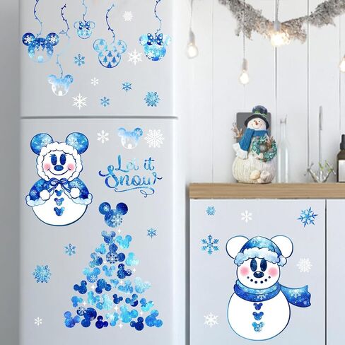 Mfault Winter Cartoon Mouse Snowman Blue Window Clings 4 Sheets, Let It Snow Christmas Tree Stickers Decals Decorations, Seasonal Snowflake Castle Home Kitchen Decor in Saudi Arabia