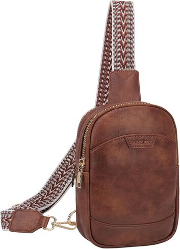 VX VONXURY Sling Bag for Women PU Leather Fanny Packs Crossbody Purse Chest Bag for Travel Hiking Cycling with Adjustable Guitar Strap Brown in Saudi Arabia