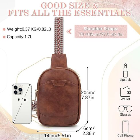 VX VONXURY Sling Bag for Women PU Leather Fanny Packs Crossbody Purse Chest Bag for Travel Hiking Cycling with Adjustable Guitar Strap Brown in Saudi Arabia