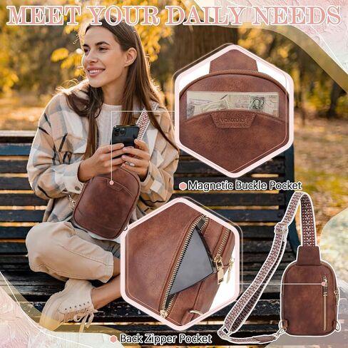 VX VONXURY Sling Bag for Women PU Leather Fanny Packs Crossbody Purse Chest Bag for Travel Hiking Cycling with Adjustable Guitar Strap Brown in Saudi Arabia