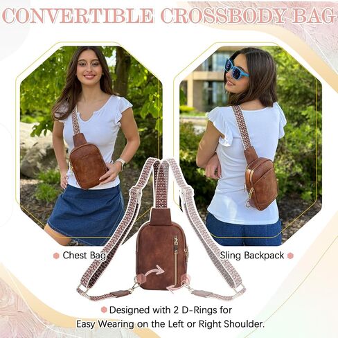 VX VONXURY Sling Bag for Women PU Leather Fanny Packs Crossbody Purse Chest Bag for Travel Hiking Cycling with Adjustable Guitar Strap Brown in Saudi Arabia