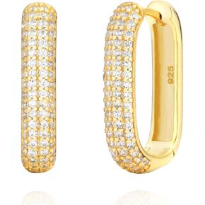 925 Sterling Silver 30mm Rectangle Shape Icon Pave Zircon Huggie Hoop Earrings
