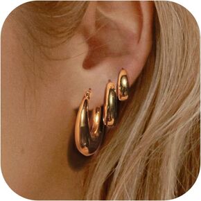 3 أزواج من أقراط هوجي هوب، 14 قيراط مطلية بالذهب من الفضة الإسترليني أقراط دائرية مكتنزة للنساء، حلقات ذهبية عصرية سميكة وخفيفة الوزن in Kuwait