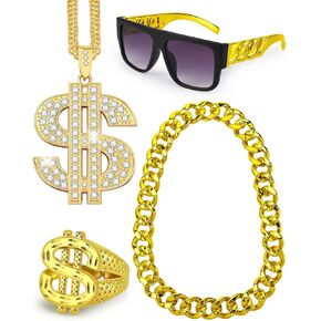 Hoedia 4 Pack 80s 90s Hip Hop Costumes Outfit Kit with Fake Gold Chain, Sunglasses, and Dollar Sign Finger Ring for 80s/90s Rapper Accessories and Fancy Dress Outfits
