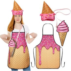 3 Pcs Halloween Ice Cream Costume for Adult Ice Cream Cone Apron Ice Cream Hat Ice Cream Purse Set Cartoon Ice Cream Costume Accessories for Women Men Halloween Dessert Cosplay Party Outfit