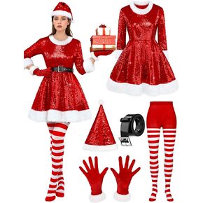 SOMSOC Women Santa Claus Costume Red Velvet Sequin Santa Dress with Belt Hat Striped Tights Gloves Santa Outfit for Christmas