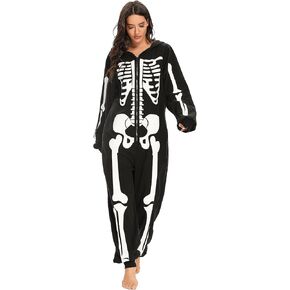 Skeleton Costume Adult Women Onesie Halloween Pajamas Plus Size Cozy Jumpsuit Outfit for Girl Cosplay Party