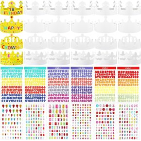 36 Pieces White DIY Crowns Set Paper Party Crowns with Number Letters Diamond Stickers Birthday Party Hats for Princess Prince Birthday Party Supplies