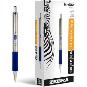Zebra Pen G-402 Retractable Gel Pen, Stainless Steel Barrel, Fine Point, 0.5mm, Blue Ink, 12-Pack