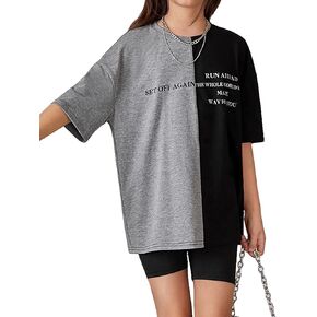 OYOANGLE Girl's Graphic Print Colorblock Half Sleeve Round Neck Shirt Tops Summer Casual Loose Tee Shirts