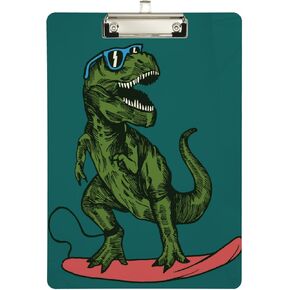 Dinosaur Green Skateboard Cool Clipboard Clear Plastic Heavy Duty Cute A4 Notepad Clips Writing Hardboard Office Students Kids 12.5" x 9",Waterproof