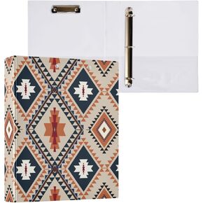 3 Ring Binder 1.5 Inch Western Geometric Ethnic Striped Clipboards Binders with Interior Pockets Round Ring Binder for Office Supplies and School