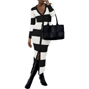PRETTYGARDEN Women's Striped Sweater Dress Long Sleeve V Neck Button Down Knit Bodycon Maxi Dresses with Slit