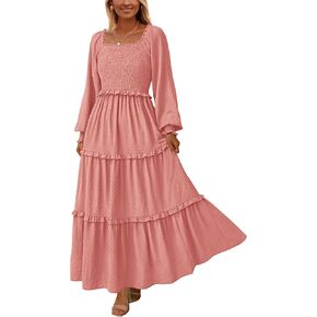 PRETTYGARDEN Women's Long Sleeve Smocked Maxi Dress Casual Square Neck Swiss Dot Tiered Ruffle Flowy Pocket Dresses