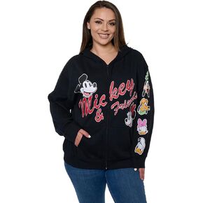 Disney Mickey Mouse Women's Zip Hoodie w/Pockets, Black Fleece Sweatshirt, Daisy, Goofy, Donald, Pluto, Regular & Plus Size