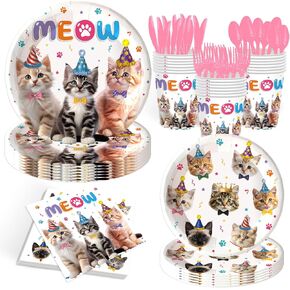 140Pcs Cat Birthday Party Decorations Plates and Napkins Cat Party Supplies Tableware Set Cat Theme Baby Shower Birthday Party Decorations Cat Paper Plates, Serves 20 Guests
