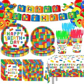 196Pcs Building Block Party Supplies Paper Plates Napkins Cups Tablecloth Banner for Colorful Building Block Birthday Party Decorations for Boys, Kid’s Birthday Party Decorations Serve 24