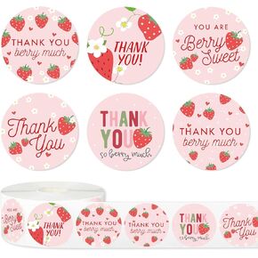 500Pcs Strawberry Thank You Stickers Pink Fruit Decorative Decal Roll 6 Designs Self-Adhesive Sealing Labels for Summer Birthday Baby Shower Party Supplies