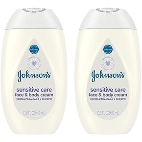 Johnson's Sensitive Care Face & Body Cream for Babies, Daily Moisturizing Baby Cream to Calm, Nourish & Comfort Dry, Sensitive Skin, Lightly Scented, No Greasy Feel, Hypoallergenic, 13.6 fl. oz