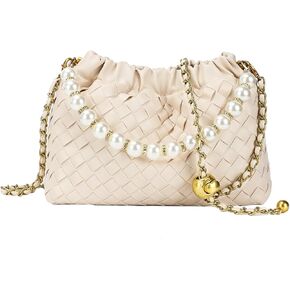 Womens PU Leather Clutch with Pearl Chain, Woven Crossbody Bag Purse Evening Handbag for Wedding Party Prom