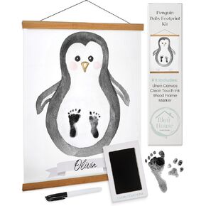 Penguin Baby Footprint Kit Keepsake - Includes 1 linen canvas with frame, 1 clean touch baby footprint ink pad, 1 marker to create your personalized baby print kit. Unique baby shower gifts.