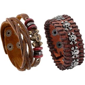Handmade Leather Bracelet Punk Wristband Set Adjustable Cuff Buckle Belt (Skull)