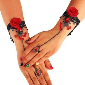 Rose Lace Gloves Short Fingerless Costume Gloves Ring Cosplay Halloween Gloves for Women and Girls