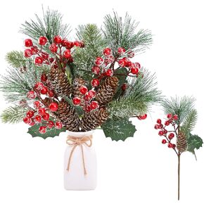 Sggvecsy 6 Pack Snow Frosted Christmas Berries Pine Picks Artificial Red Berry Pine Branches Frosted Faux Pine Stem with Pine Cones Holly Berry Leaves for Xmas Tree Wreath DIY Craft Holiday Decor