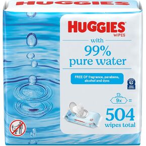 Huggies 99% Pure Water Baby Wipes, Unscented, 9 flip-top packs (504 Wipes Total)