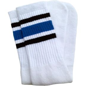 SKATERSOCKS One Pair of Over The Knee White Tube Socks with Black-Royal Blue stripes style 3