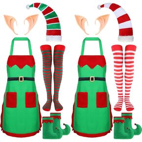 Suhine 10pcs Christmas Elf Costume Set for Women Adult Apron Velvet Hat Stockings Elf Ear Shoes for Role Play Xmas Party