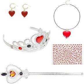 Red and Black Crown Wand Necklace Earrings Sticker Set 5 Pieces for Queen Costume Halloween Cosplay Party