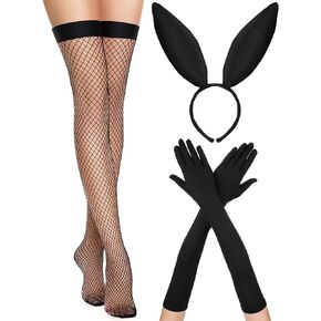 Bunny Costumes Set for Women Bunny Ears Headband Gloves Lace Stockings Long Bunny Hair Hoop for Valentine's Day Accessories, Black