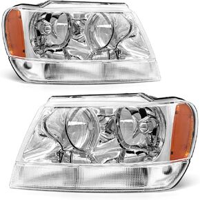 for 1999 2000 2001 2002 2003 2004 Jeep Grand Cherokee Headlight Assembly Compatible with 1999-2004 Jeep Grand Cherokee Chrome Housing Amber Reflector Driver and Passenger Side