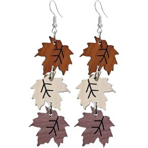Eioi & Lmnm Wood Maple Leaves Long Dangle Earrings for Women, Lightweight Wooden Maple Leaf Drop Earrings, Triple Layered Maple Leaves Dangling Earrings, Hypoallergenic Layering Fall Leaves Earrings, Autumn Jewelry Gift for Thanksgiving Fall Season